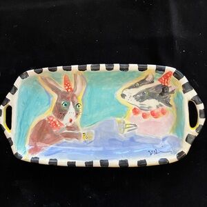 Handmade Ceramic Serving Tray w/ Handles Bunny And Badger “Design 15”x8”